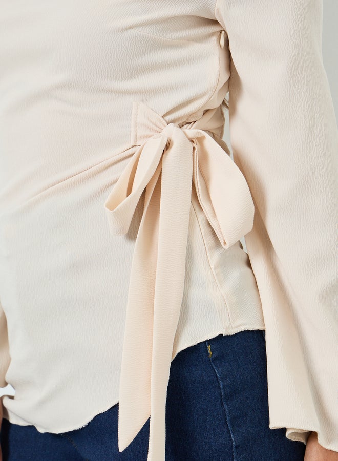 ستايلي بلوزة نسائية بأكمام طويلة وربطة خصر بلون بيج - Image 3